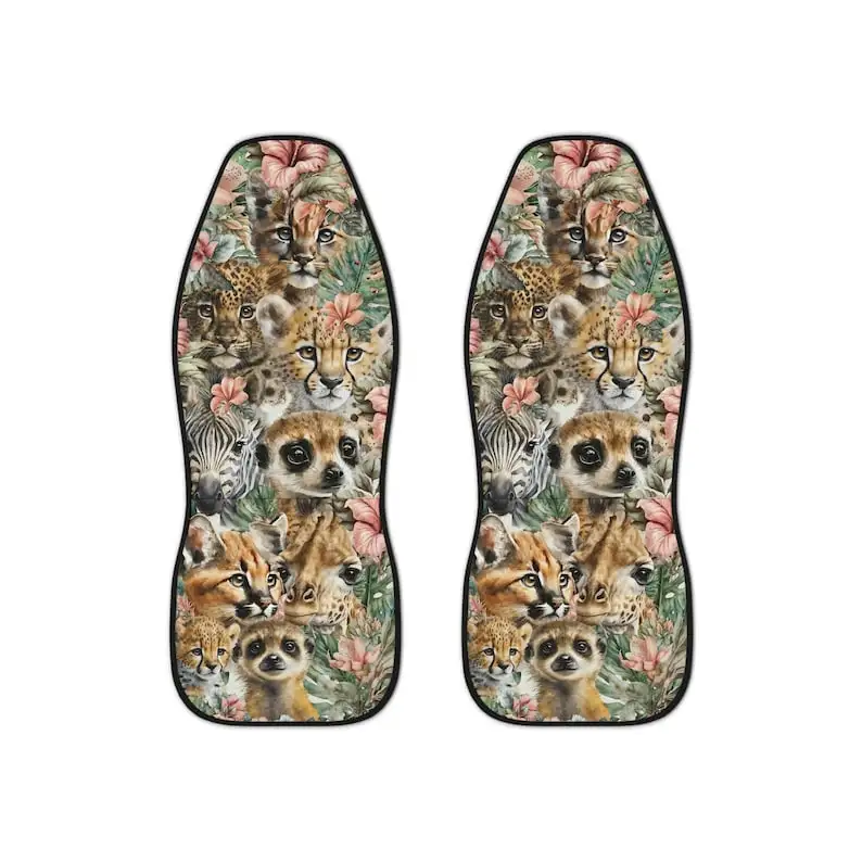 Safari Wildlife Animal Floral Set Of Two Front Car Seat Covers, Nature Jungle, Seat Covers For Women, Car Seat Protector