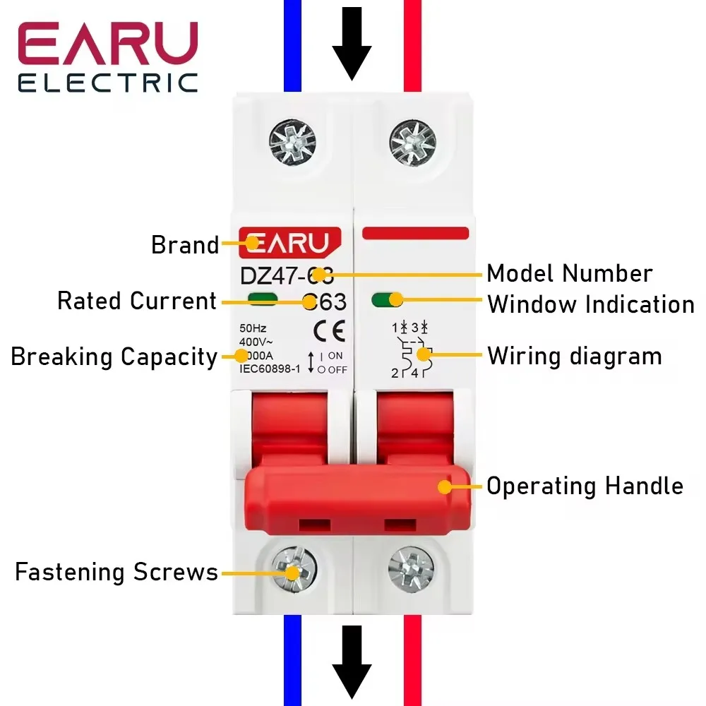 DZ47 1P 2P 3P 4P 3A-125A AC 230V 400V C Type Mini Circuit Breaker MCB Short Overload Protector Din Rail Mount Breaking Capacity