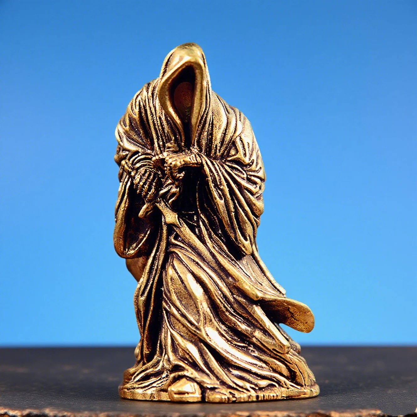

Antique Brass Reaper Statue with Cloak & Cape - Mini Gothic Figurine for Desktop Decor, Collectible Ornament