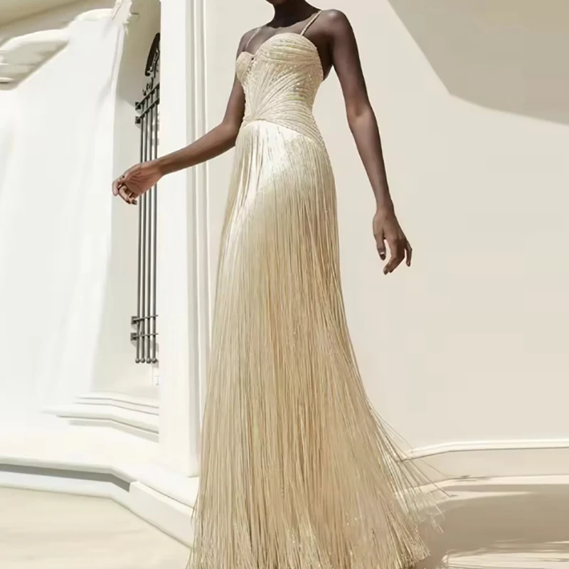 Robe élégante à bretelles dénudées pour femmes, tenue de Banquet, président, à la mode, avec franges à paillettes, Slim, pour Cocktail, nouvelle collection 2026