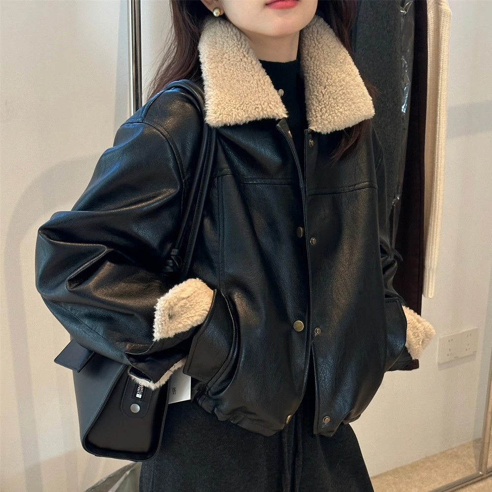 2024 Women Winter Warm Coat Furry Turn Down Collar Thick Warm PU Leather Coat Loose Style Jacket Women Tops Coat Casaco Feminino