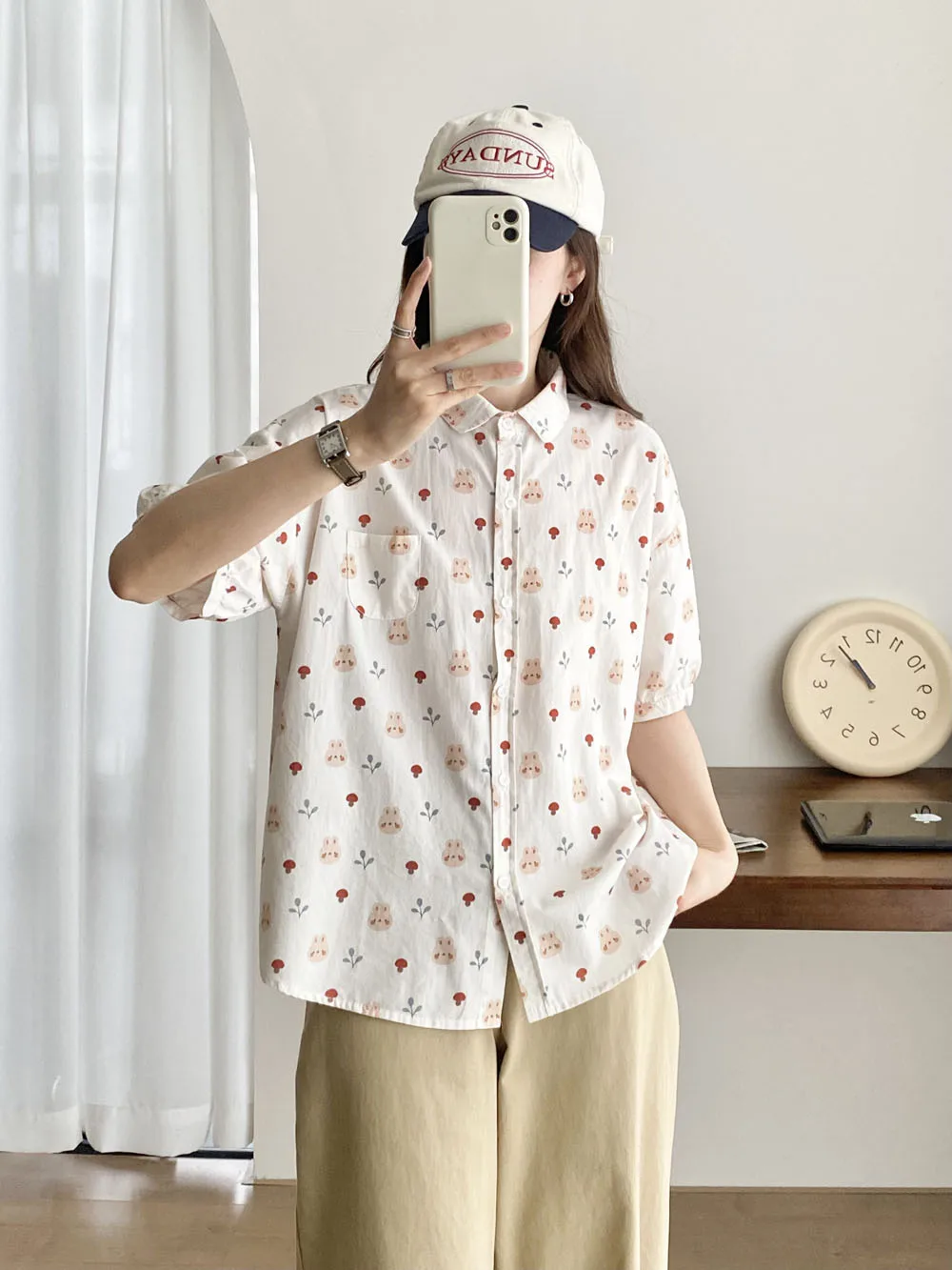 New Spring Cotton Sweet Shirt Women Short Sleeve Cartoon Printed Top Girl Loose Literature OL Blouses 2024 Summer T45817QM