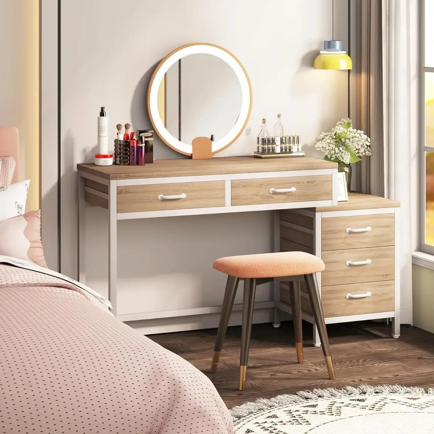 Computer Desk with 5 Drawers, Home Office Desks with Reversible Drawer Cabinet Printer Stand, Industrial PC Desk with Storage