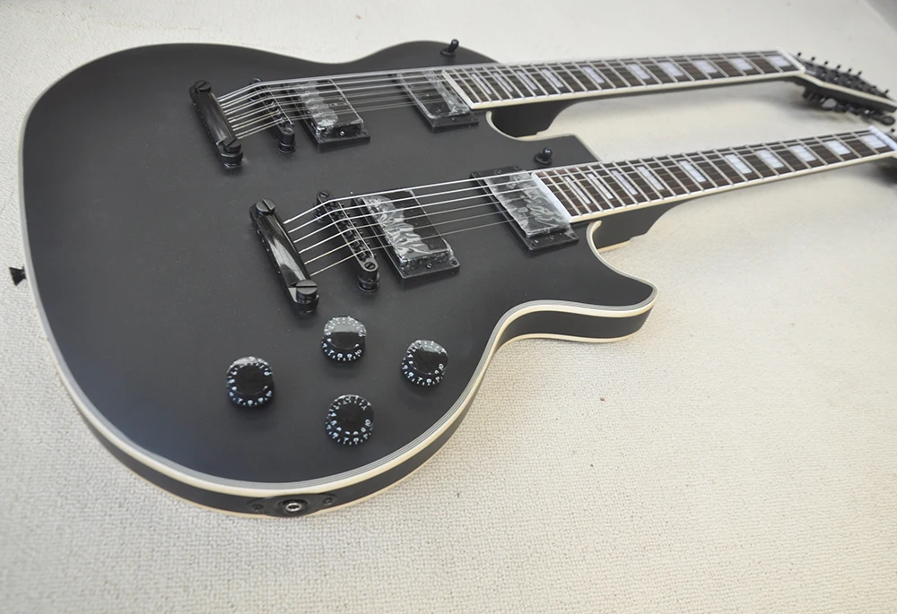 Matte Black 12+6 Strings Double Necks Electric Guitar with Black Hardware,Rosewood Fretboard