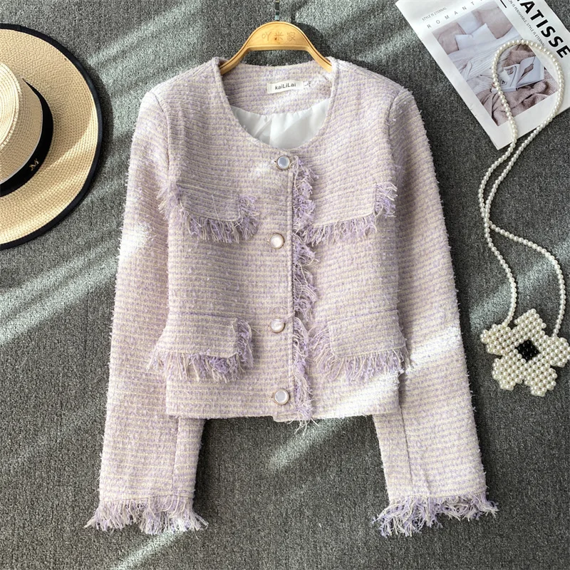 

High Quality Frayed Burrs Fringe Women Korean Short Tweed Jacket Spring Slim Single-breasted Round Neck Long Sleeve Femal Coat