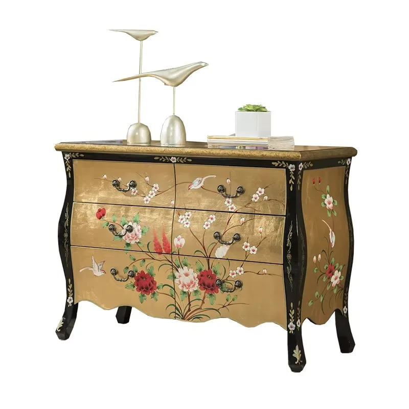 Classical Solid Wood Locker - Vintage Gold Foil Painted Drawstring - American Style Furniture - Painted Sideboard