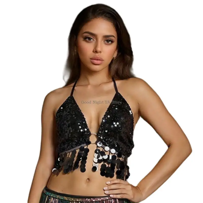 Glittering Sequins Fringe Belly Dance Bra Top Stretchy Adjustable Bralette For Stage Cabaret Performances