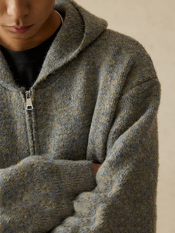 

American Retro Heavyweight Rainbow Gradient Fake Cashmere Lazy Style Double Zipper Hoodie Knitted Sweater Jacket for Men