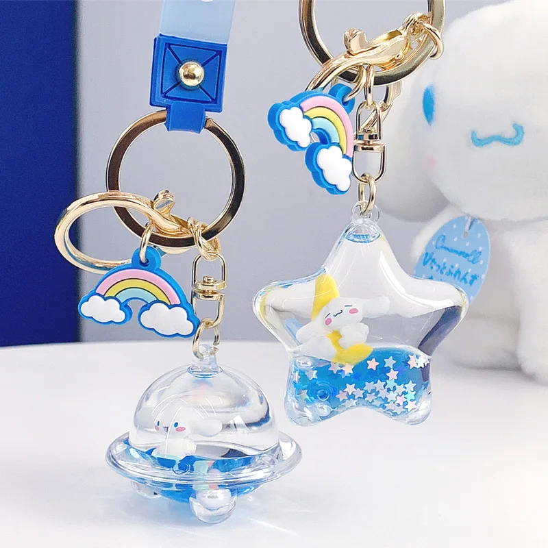 Sanrio อะนิเมะรูปเด็ก Cinnamoroll Key Chain รอบตุ๊กตาการ์ตูน Kawaii เป็นน้ำมันลอยขวดของขวัญจี้สำหรับหญิง