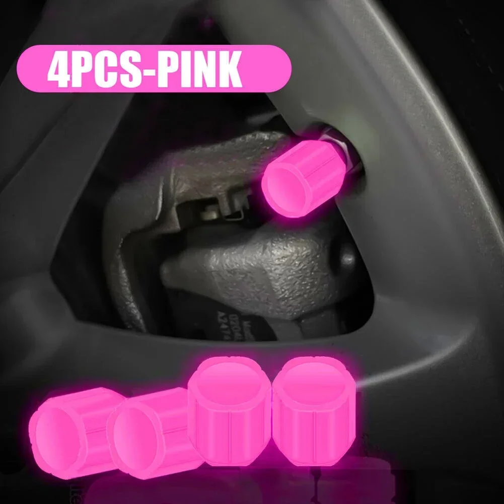 4Pcs Luminous Valve Cap Universal Glowing Dark Fluorescent Car Motorcycle Bicycle Wheel Styling Tire Valve Cover Pink Car Decor