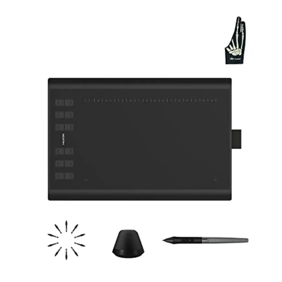 Inspiroy H1060P Graphics Drawing Tablet with Digital Pen PW100 and Skeleton Glove, OTG Adapters Included