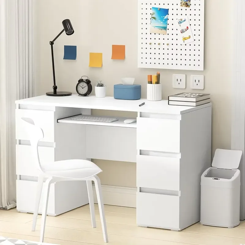 Cotowins White Computer Desk with 6 Drawers Wooden Writing Study Desk with Storage for Home Office Bedroom