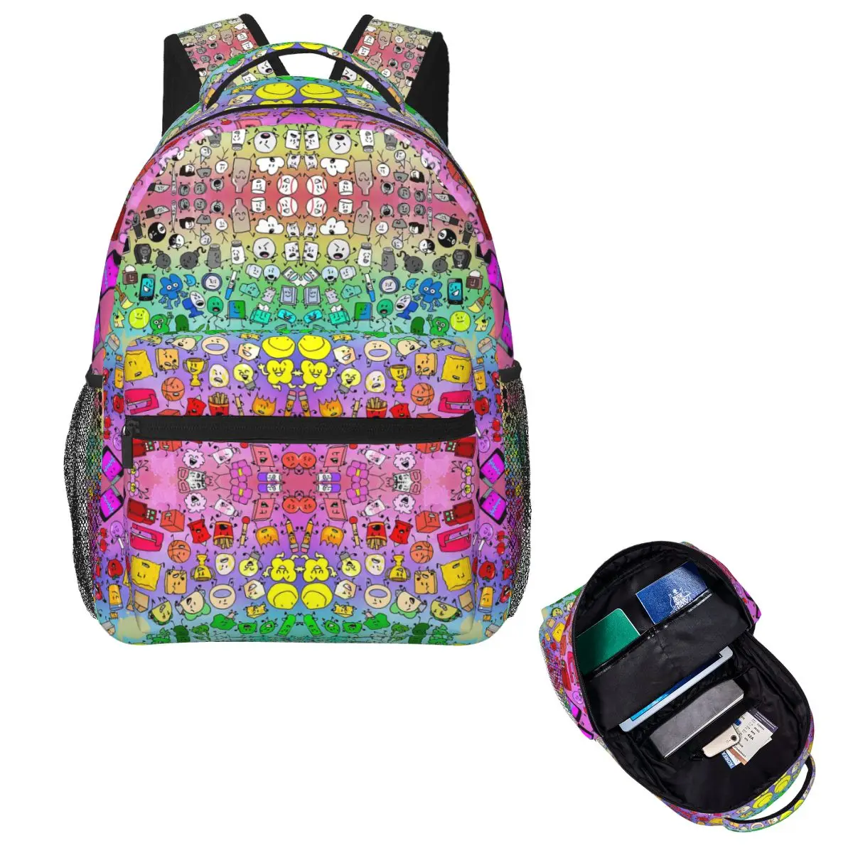BFDI Inanimate Insanity All Characters (Rainbow) Student Backpack Hiking Travel for Boys Girls Fashion Bookbag Shoulder Bags