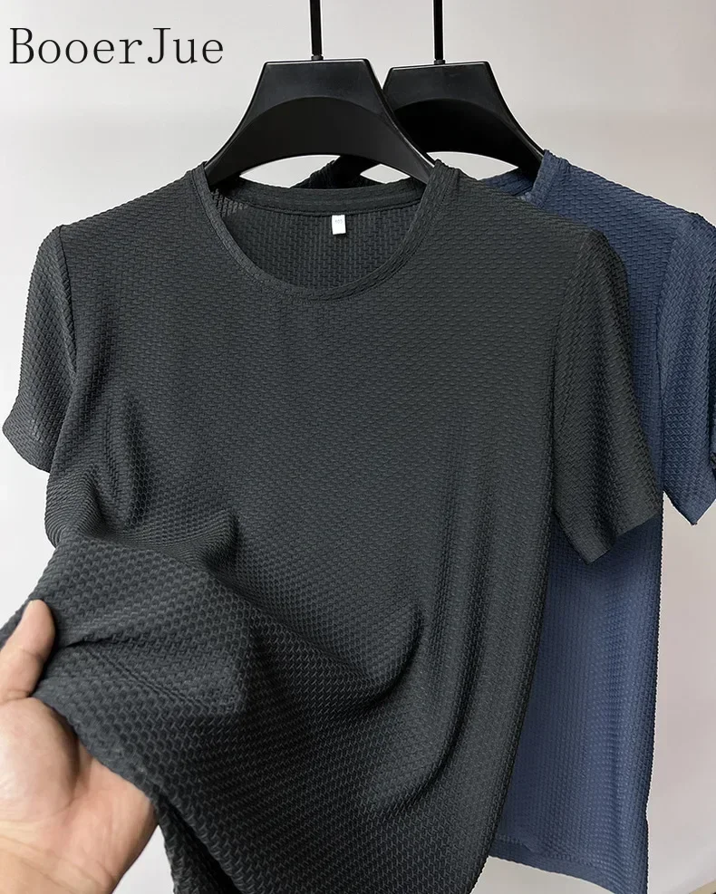 Markenkleidung 6XL Sommer Eisseide Hochwertige Einfarbige Kurzarm-T-Shirts für Herren Atmungsaktives Modisches T-Shirt für Männer – Detail 11