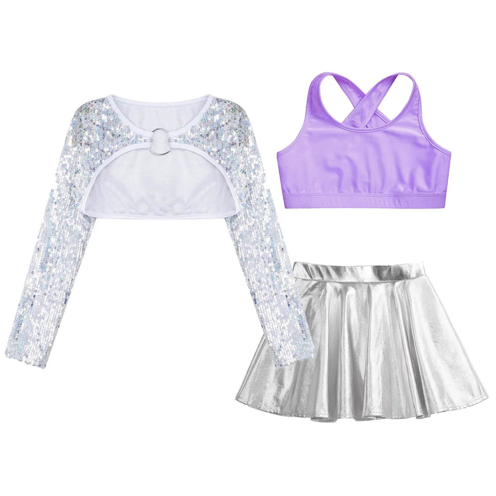 Tenue de danse jazz pour filles, col en U, fibre brillante, paillettes scintillantes, haussement d'épaules BEmbed o, haut court à manches longues, jupe métallique, enfants, ensemble de 3 pièces