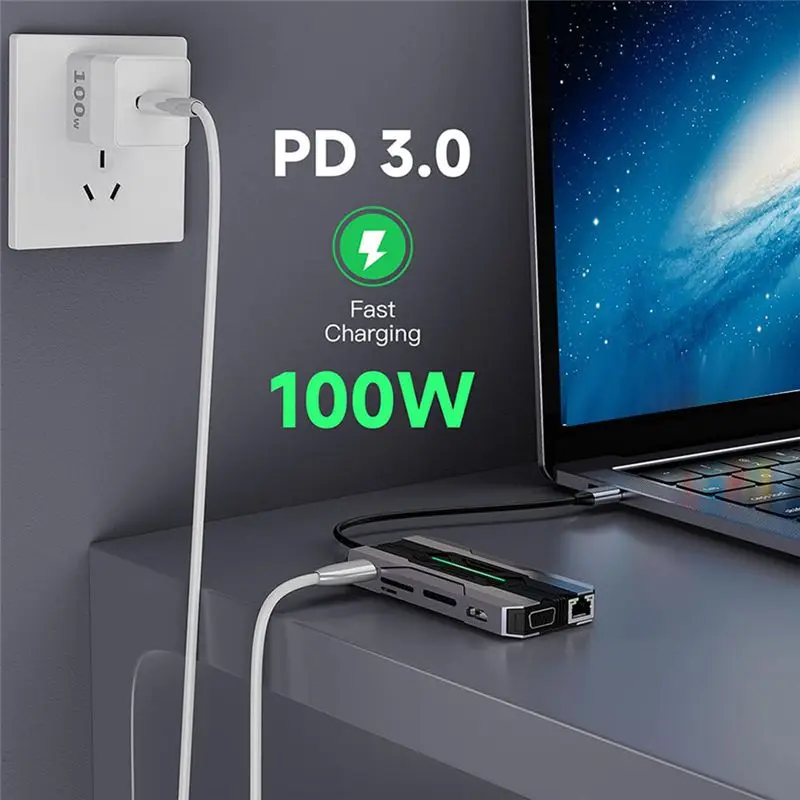 Ay14 -13-em-1 usb c hub docking stations leitor de cartão sd 1000m rj45-compatível hdtv vga usb hub 3.0 adaptador para computador portátil