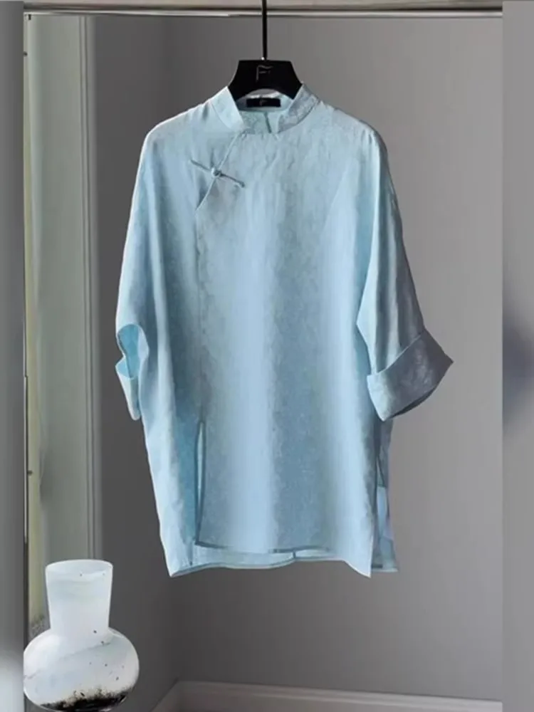 

Satin Silk Jacquard Blouses Women Printed Retro Tang Tops Stand Collar Loose Shirts Oversized