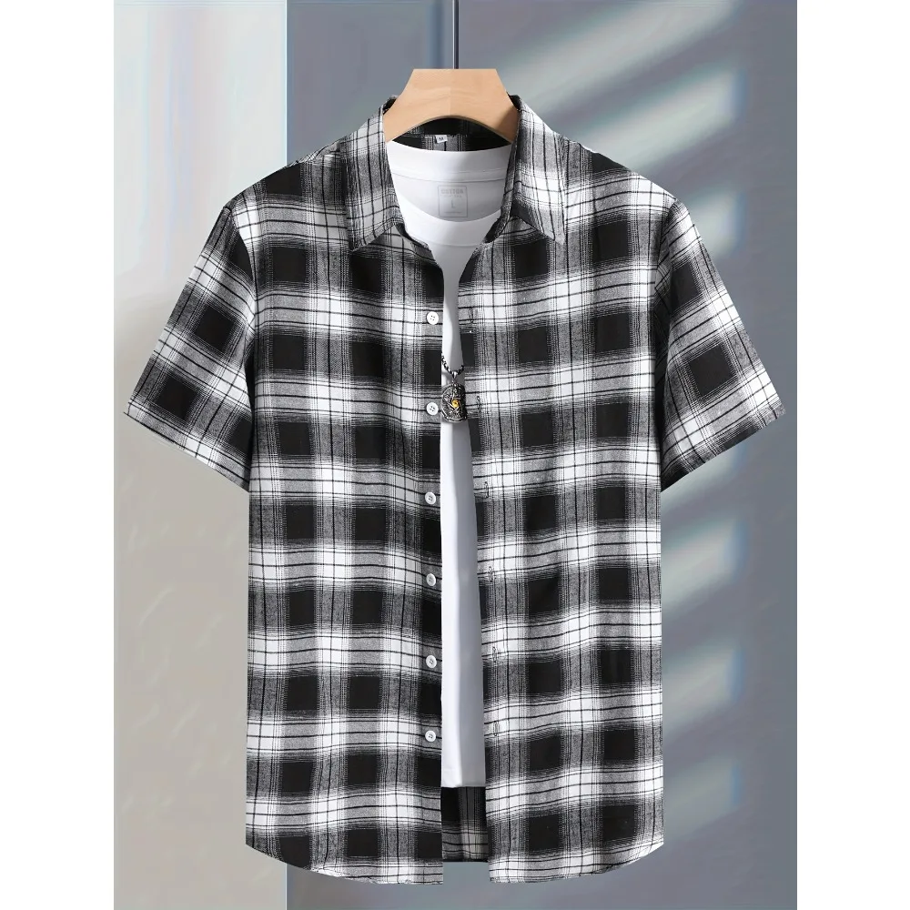 Men Multi Styles Black White Plaid Short Sleeve Shirt Lapel Loose Button Down Casual Street Vacation Camisa Masculina