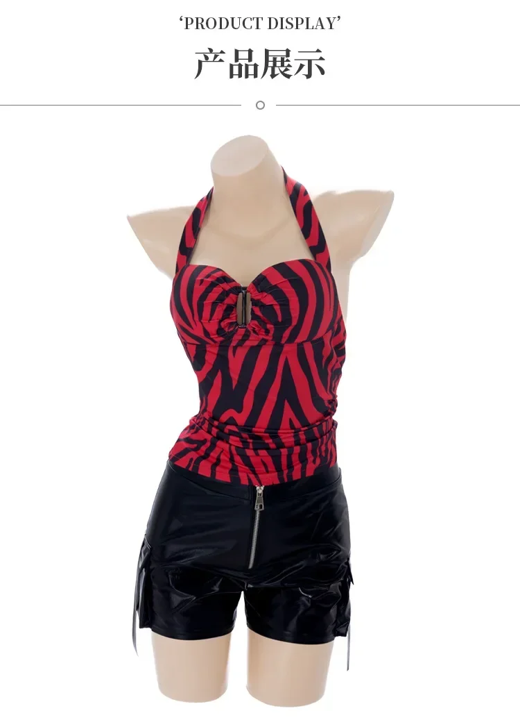 Movie Obsession Nikki Punk Street Style Cosplay Outfit Zebra Neckholder-Top und Cargo-Shorts aus Kunstleder, kompletter Anzug – Detail 6