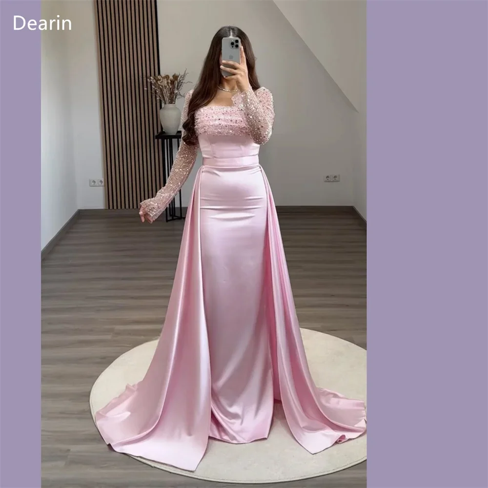 

Customized Prom Gown Women Evening Dearin Square Collar Column Floor Length Skirts Draped Sequin Tulle Bespoke Occasion Dresses