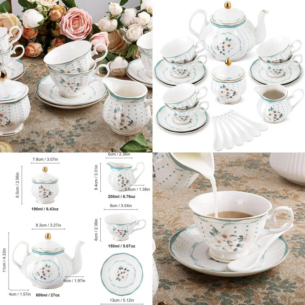 

Vintage Royal Style Porcelain Tea Set, 21 Pieces with Gold Trim, White Camellia Polka Dots, 6 Teacups and Saucers for Party or W