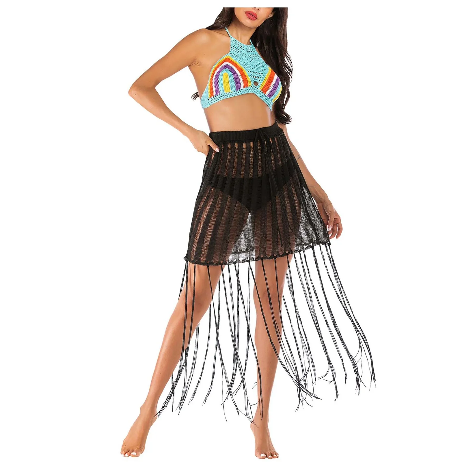 Women'S Sexy Perspective Long Fringe Skirt New Spring And Summer Fashion Personality Loose Splicing Skirt Hollow Woven Skirt