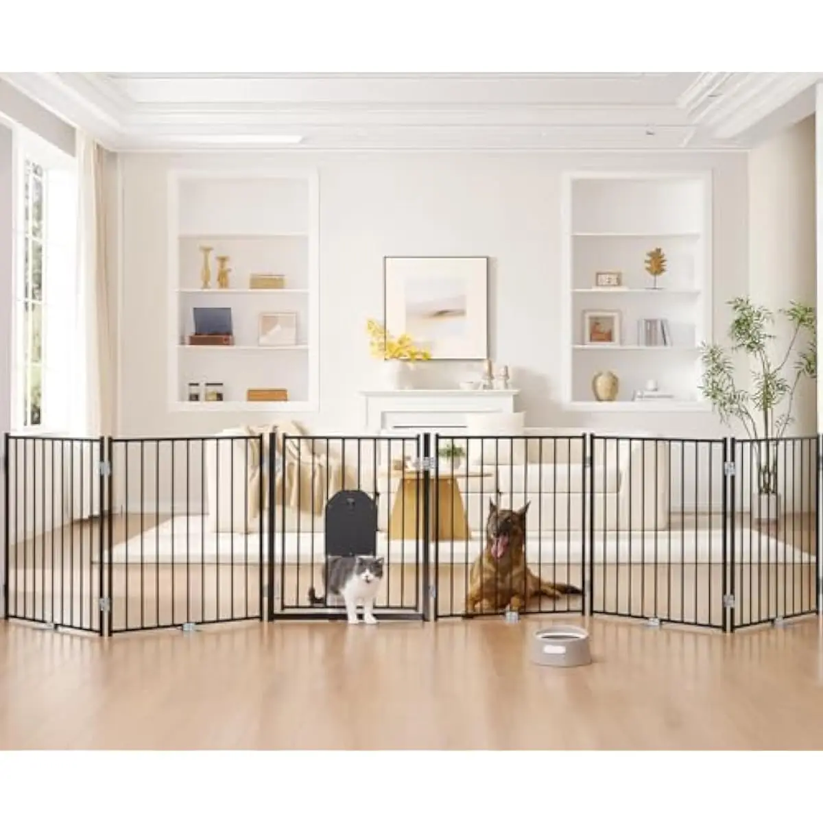 Freestanding Heavy-Duty Metal Pet Gate with Adjustable Lockable Small Animal Door, 30 Inch Tall, Width Expandable to 156 Inches,