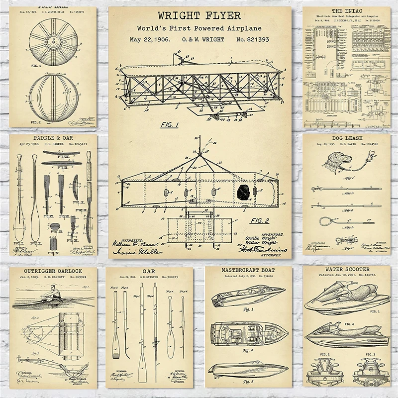 Unframe Object Dissection Diagram Wright Flyer ENIAC Water Scooter Boat Poster and Canvas Printing Wall Art Picture for Room Hom