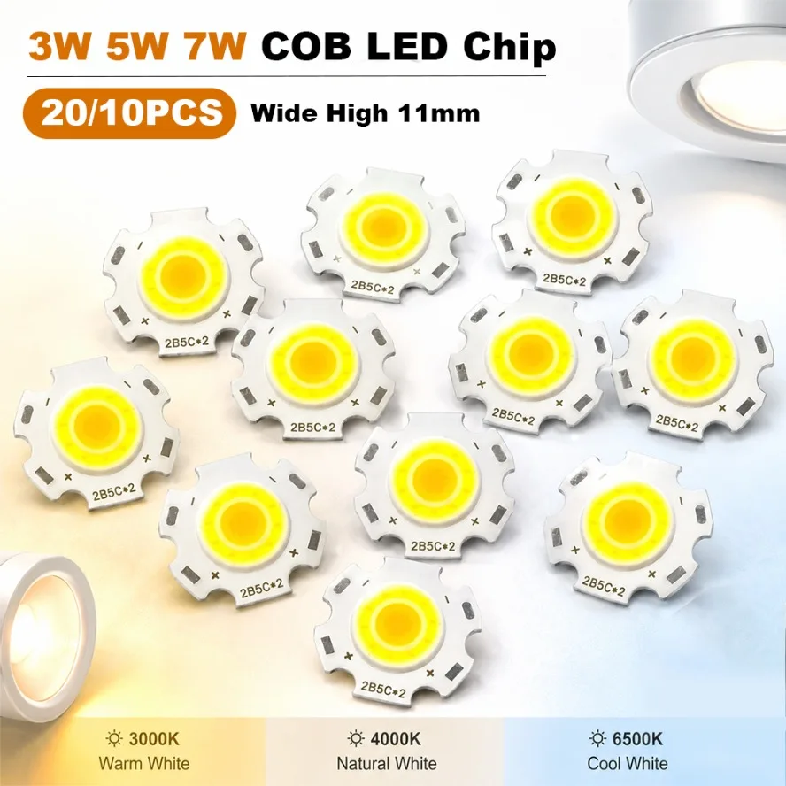 High Power COB LED Chip 3/5/7W 10/20PCS11mm Width 3000K To 6500K for Lighting Fixtures DIY Downlight Bulb Replace Accessories
