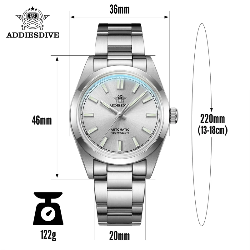 ADDIESDIVE-Montre mécanique automatique Shoous pour homme, verre miroir à bulles, montres de plongée étanches, montres-bracelets en acier de luxe, 100m