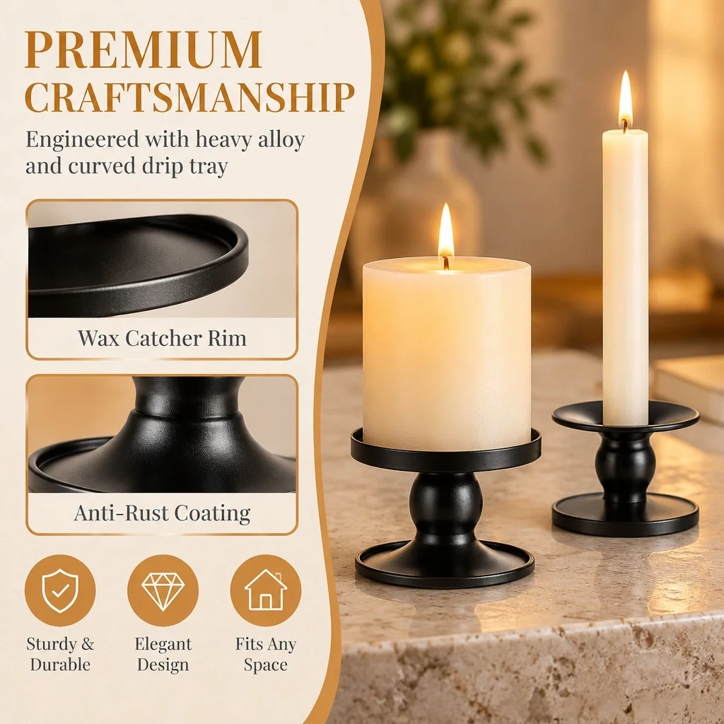 Matte Black Reversible Candle Stand, 2-in-1 Dual End Candlestick Holder, Fits Taper Pillar Candles, Decor for Wedding Dinner & M