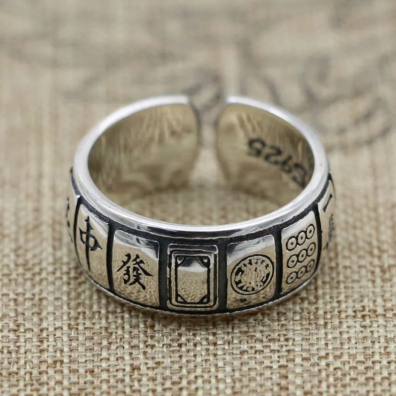 

Tiktok Same Sterling Silver Creative Mahjong Thirteen Elegant Ring Male Retro Wholesale Opening Index Finger Thai Silver Ring Fe