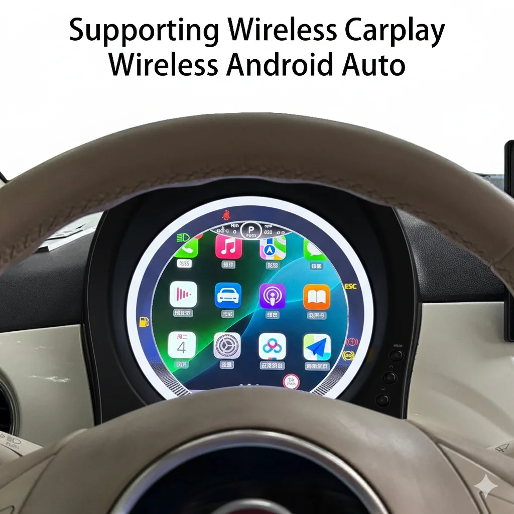 

7” LCD Digital Instrument Cluster for Fiat 500 2007–2024, Speedometer & Tachometer Display, Wireless Apple CarPlay