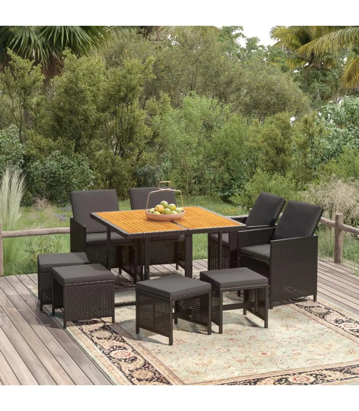 Garden Sets Garden Dining Set 9 PCs with Black Synthetic Rattan Cushions