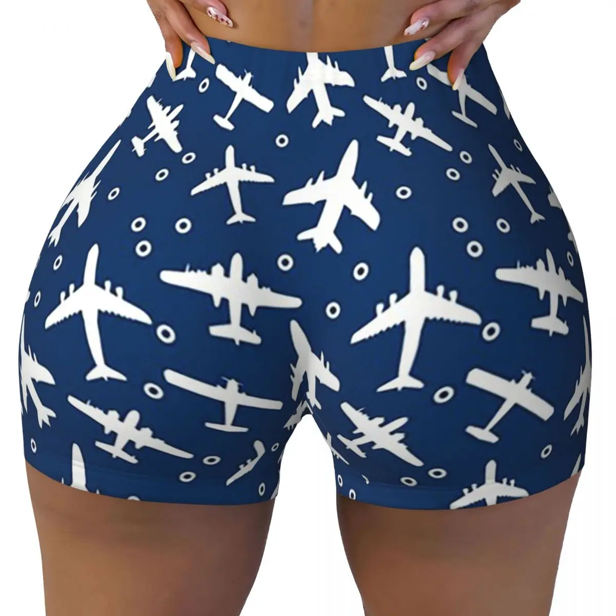 Aangepaste blauwe en witte vliegtuigen silhouet patroon vrouwen gym workout hardloopshorts atletische volleybal biker yoga shorts