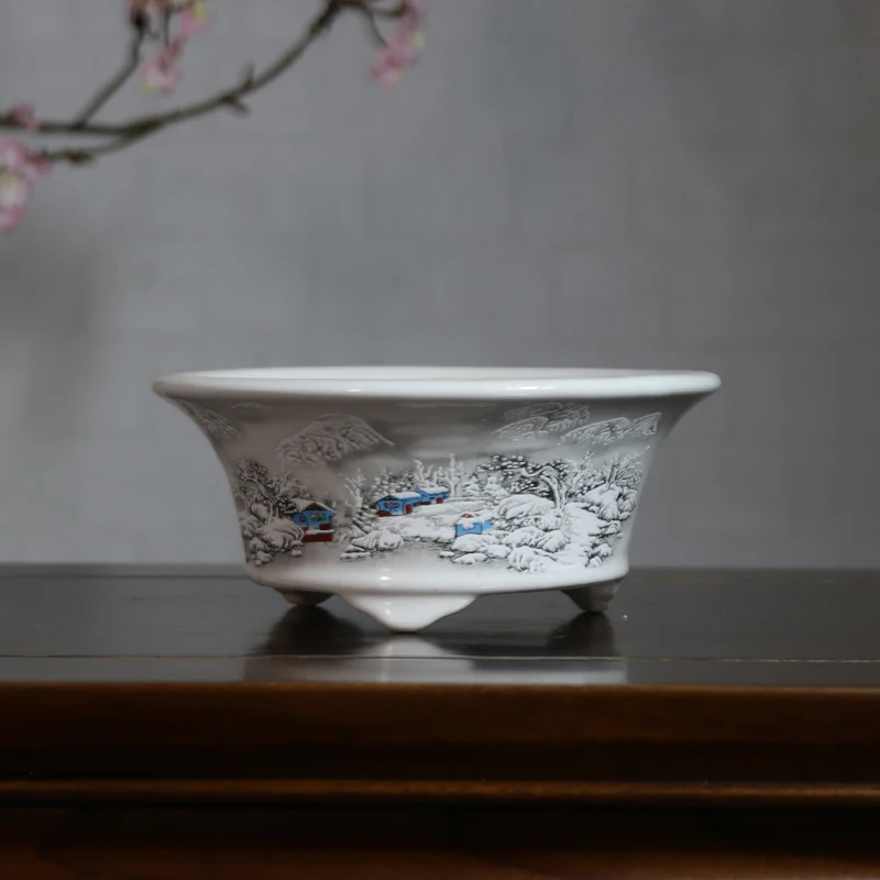 Chinese Style Yixing Purple Sand Colored Flower Pot Retro Desktop Decoration Bonsai Pot Round Ceramic Succulent Flower Pot 1PCS