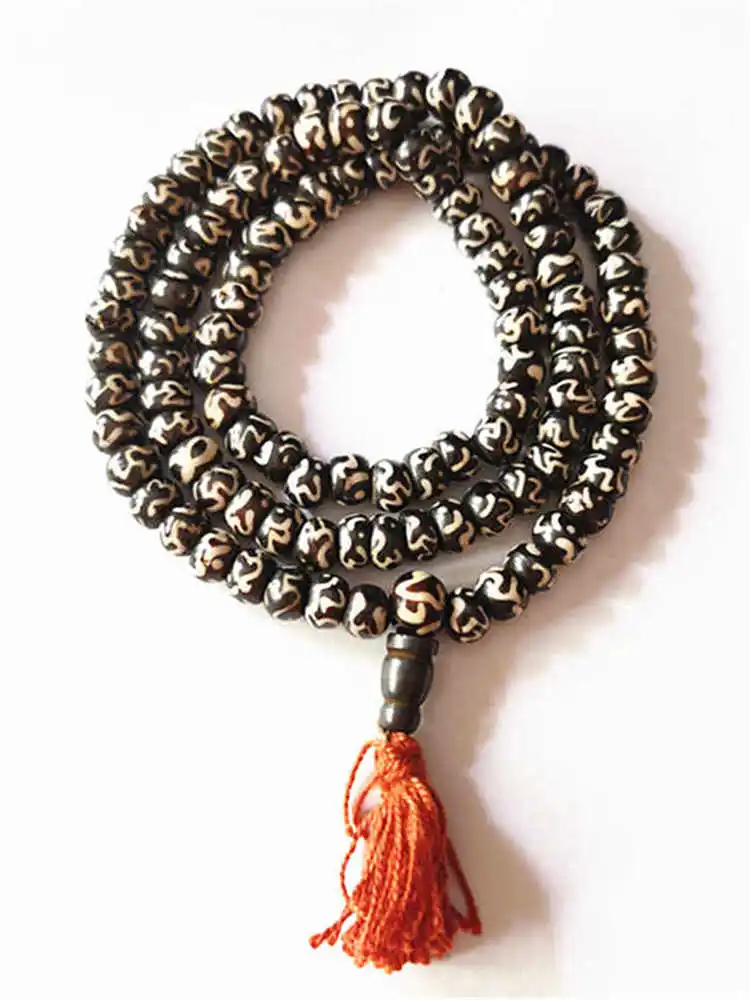 108PCS 8mm Tibetan Buddhist OM Mantras Ox Bone Rosary Prayer Meditation Mala BRO952