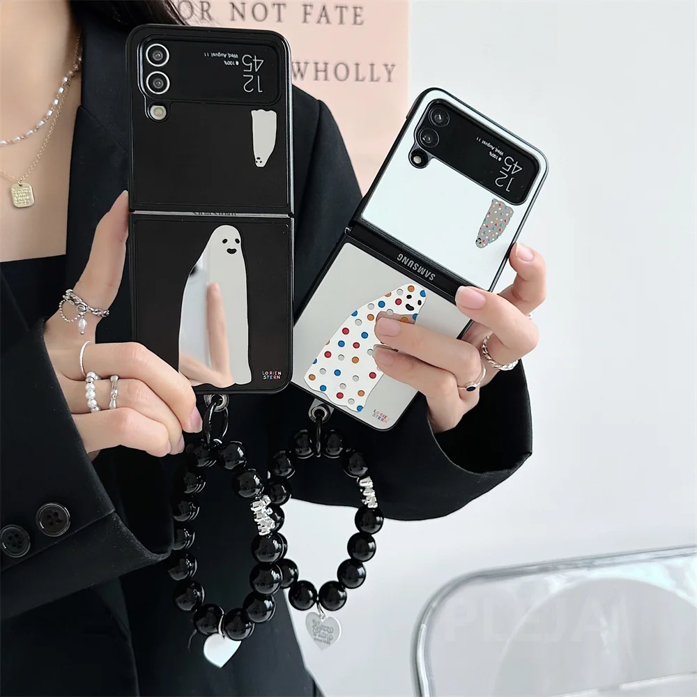 

Funny Cartoon Mirror Phone Case For Samsung Galaxy Z Flip 4 3 Stylish Beads Bracelet Chain Cover for z Flip3 Flip4 Cute Cases