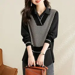 Autumn and Winter Women's Pullover POLO Collar Solid Button Panel Loose Fit Long Sleeve Medium Length Sweater Shirt Fashion Tops