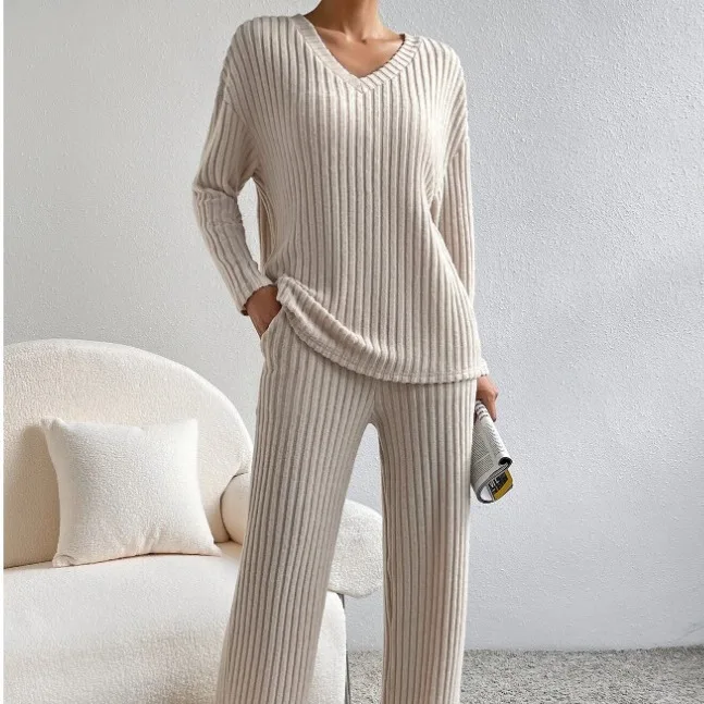 

Solid Colour Knitted Pants Two Set Women Loungewear Fashion Casual Straight Trousers Loose V-neck Pit-stripe Tops Set