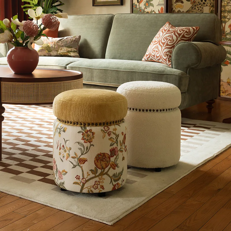 Small small round stool makeup  adult round pier sofa stool fabric solid wood shoe changing stool low
