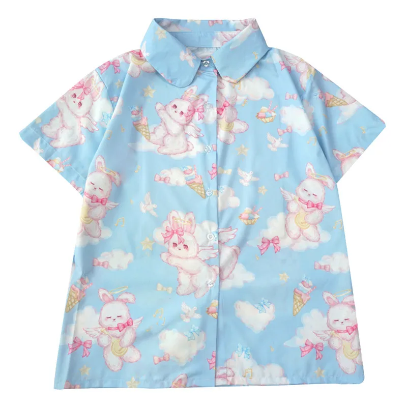 Japanese Soft Girl Style Kawaii Rabbit Printed Tops Lolita Sweet Vintage Pink Blouses Korean College Cute Loose Chiffon Shirts