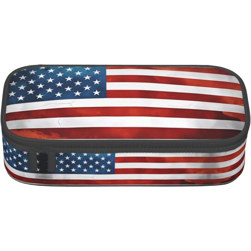 Pencil Case with Vintage American USA Flag Full-Print Design â€“ Multi-Purpose Pen Organizer, Portable Bag
