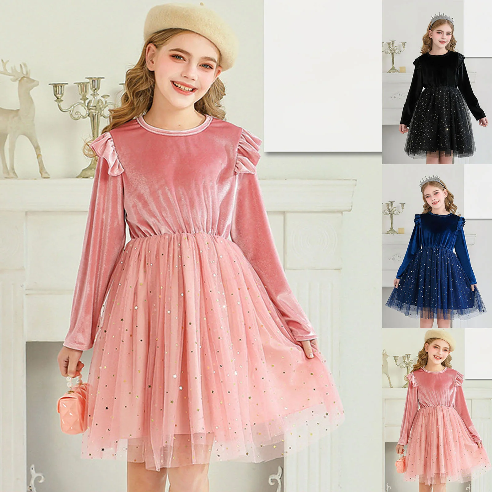

Baby Girl Dress Long Sleeve Ruffled Velvet Christmas Party Performance Starry Sky Tulle Skirt Dresses Winter Kids Clothing