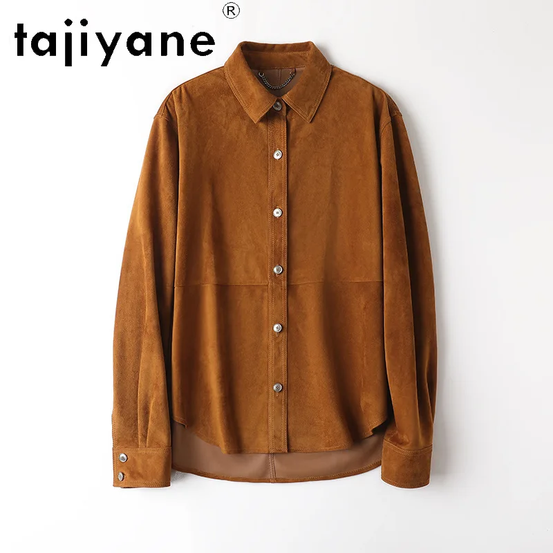 TAJIYANE Genuine Leather Jacket Women Vintage Shirt Jackets Suede Goatskin Long Sleeve Coat Chic Leather Outwears Loose Jaqueta