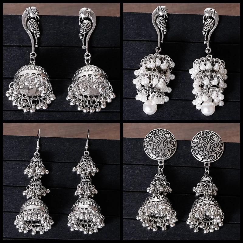 Ethnic Silver Color Peacock Bell Earrings For Women Pendient Boho Pearl Beads Ladies Indian Earring Jewelry