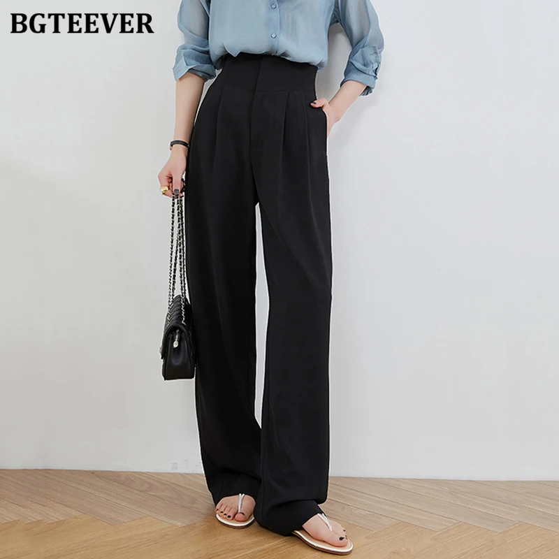 BGTEEVER Autumn High Waist Ladies Floor-Length Suit Pants Stylish Loose Pockets Wide Leg Trousers for Women