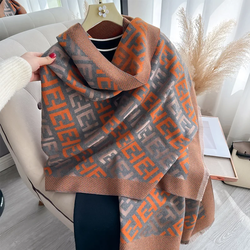 New Luxury Winter Letter Two-Sided Cashmere Jacquard Scarves High Quality Women Thicken Wrap Shawl Ladies Wool Pashmina Scarf