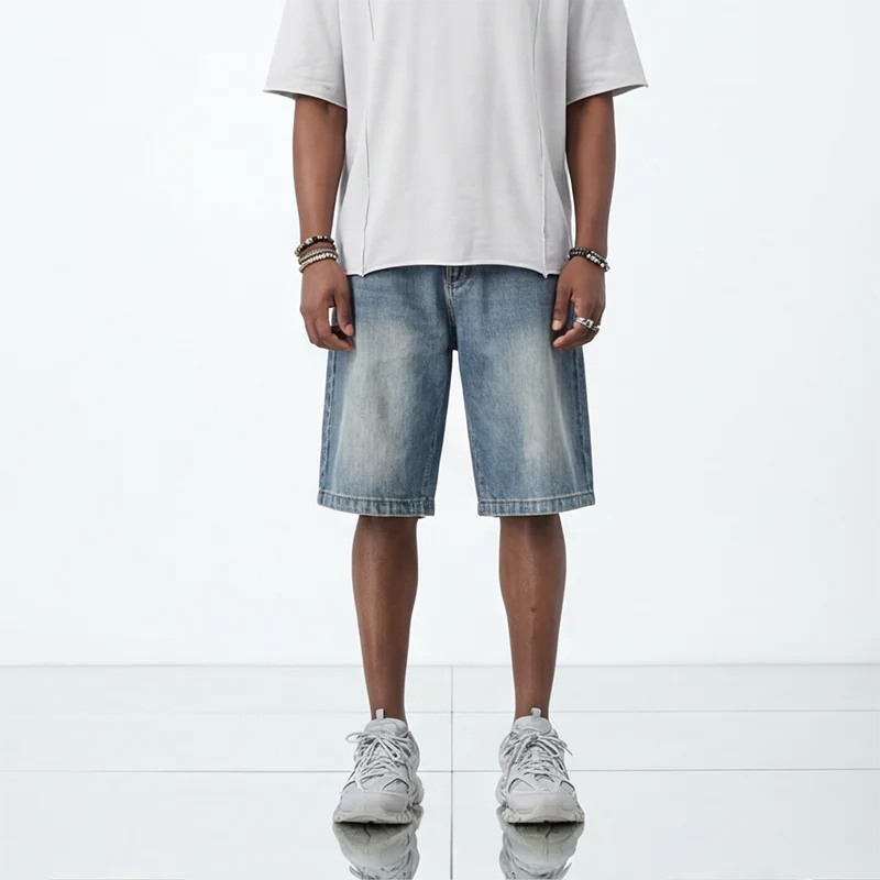 Men's Summer Blue Regular Denim Shorts High Quality Loose Trousers Wide-leg Straight Casual Stretch Pants Man Jeans Y2k Clothes