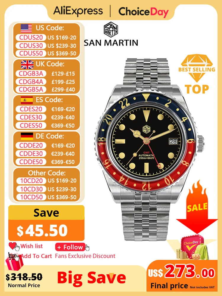 San Martin NH34 40mm GMT Luxury Sports Style Full Luminous Bidirectional Sapphire Bezel Automatic Mechanical Watch 20 Bar SN0005